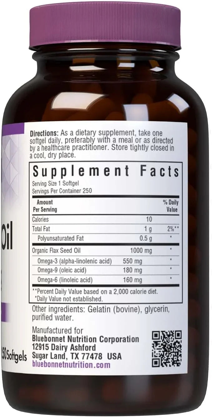 Bluebonnet Nutrition Organic Flax Seed Oil, 1000mg 250 Softgels