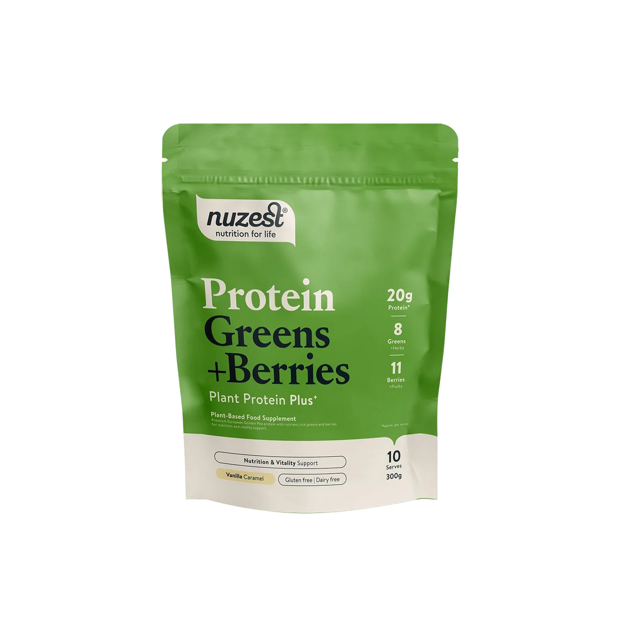 Nuzest - 300g - Protein Plus Greens + Berries Vanilla & Caramel - welzo