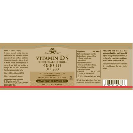 Solgar Vitamin D3 (Cholecalciferol) 4000 IU (100 ug) Vegetable Capsules Pack