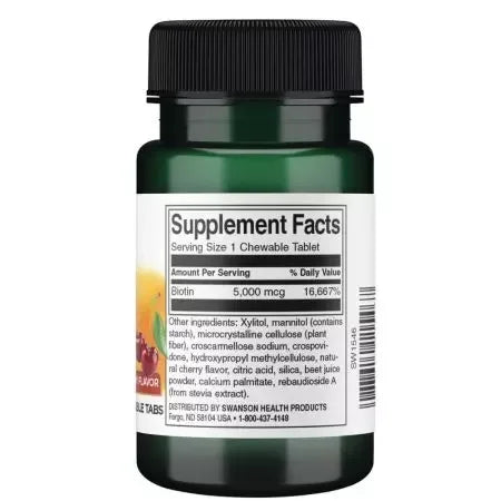 Swanson Biotin Natural Cherry Flavour 5,000 mcg 60 Chewable Tablets